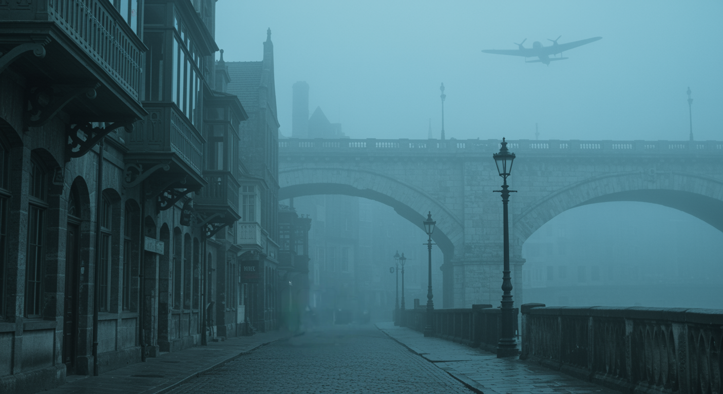 Calle empedrada y puente de piedra entre la niebla verdiazul, con un avión al fondo.